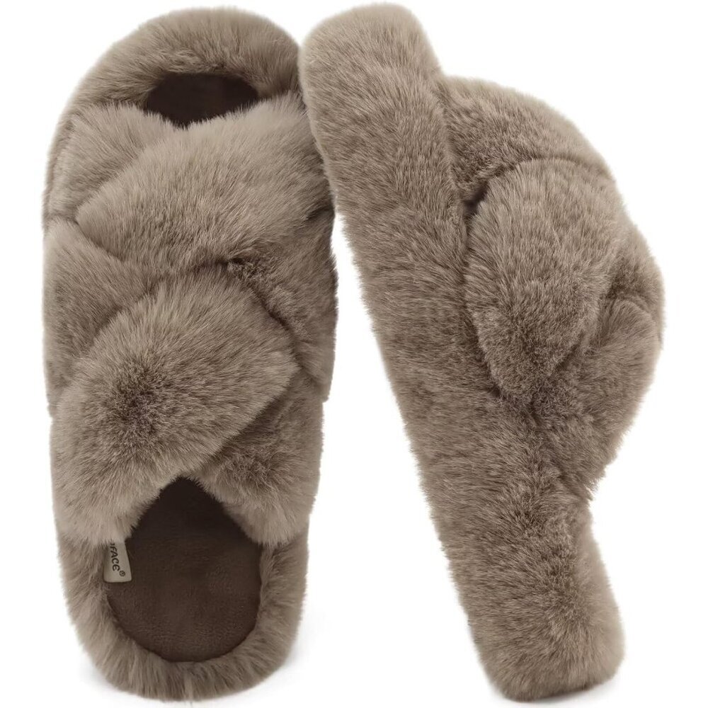Women's Light Brown Faux Fur Fuzzy Fluff House Open Toe Slide Slippers Shoes